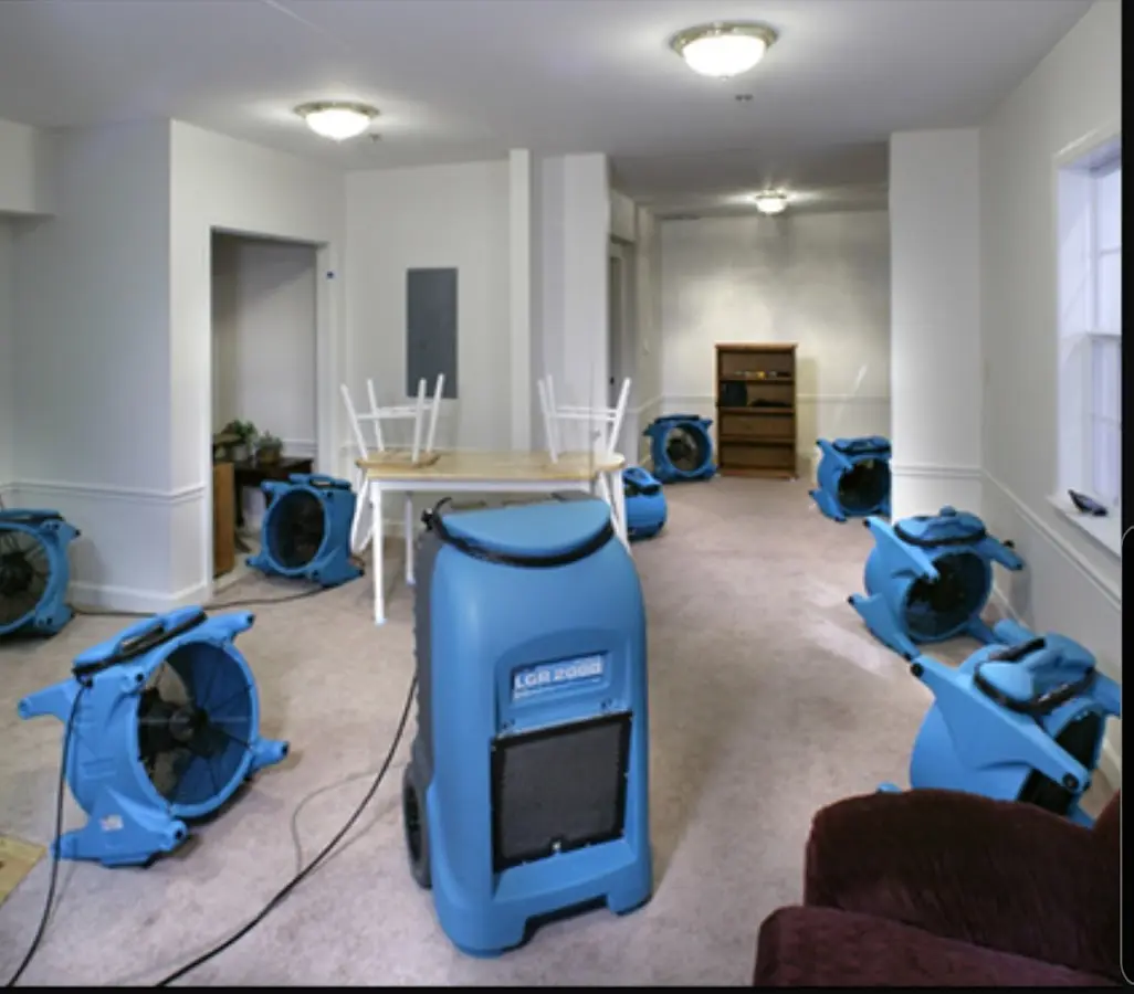 Air movers and dehumidifier setup for Water Damage Restoration in Rockland